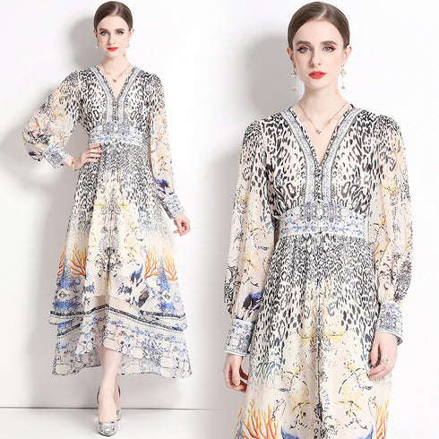 Captivating Leopard Print V-Neck, Lantern Sleeves, High Waist, Spliced Ruffles Office, Evening, Party, Cocktail Dress