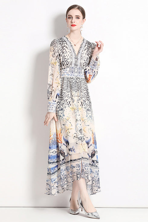 Captivating Leopard Print V-Neck, Lantern Sleeves, High Waist, Spliced Ruffles Office, Evening, Party, Cocktail Dress