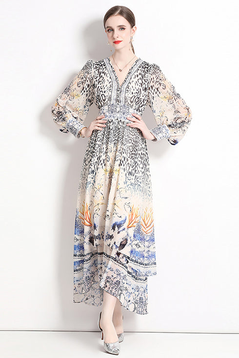 Captivating Leopard Print V-Neck, Lantern Sleeves, High Waist, Spliced Ruffles Office, Evening, Party, Cocktail Dress