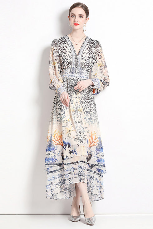 Captivating Leopard Print V-Neck, Lantern Sleeves, High Waist, Spliced Ruffles Office, Evening, Party, Cocktail Dress