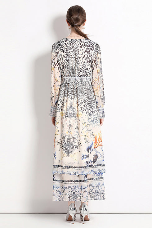 Captivating Leopard Print V-Neck, Lantern Sleeves, High Waist, Spliced Ruffles Office, Evening, Party, Cocktail Dress