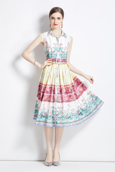 Graceful Elegant French Hepburn Style, Notched Collar, Belted, A-line Printed Office, Cocktail, Party Women's Dress