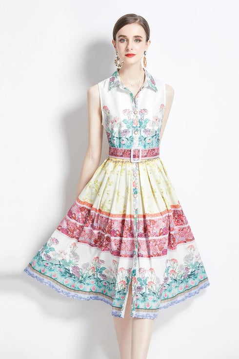 Graceful Elegant French Hepburn Style, Notched Collar, Belted, A-line Printed Office, Cocktail, Party Women's Dress