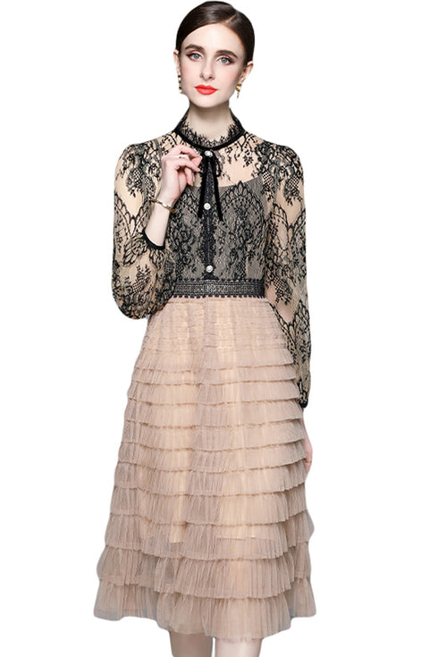 French Style Retro Lace A-Line Dress With Long Sleeve & Cascading Ruffles, Luxe Midi Party, Cocktail, Prom & Wedding Guest Vestidos