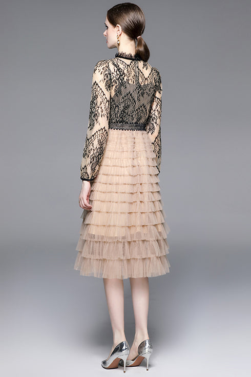 French Style Retro Lace A-Line Dress With Long Sleeve & Cascading Ruffles, Luxe Midi Party, Cocktail, Prom & Wedding Guest Vestidos