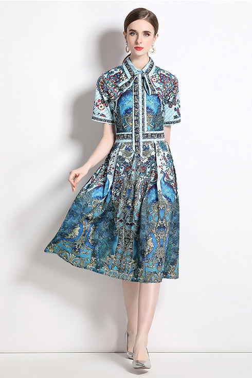 Vivid Fall Peacock Print A-Line, Collared, Belted, Short Sleeve Blue Shirt Vestidos Dress