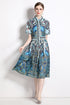 Vivid Fall Peacock Print A-Line, Collared, Belted, Short Sleeve Blue Shirt Vestidos Dress