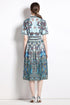 Vivid Fall Peacock Print A-Line, Collared, Belted, Short Sleeve Blue Shirt Vestidos Dress