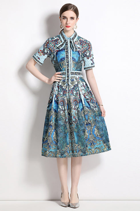 Vivid Fall Peacock Print A-Line, Collared, Belted, Short Sleeve Blue Shirt Vestidos Dress
