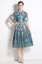Vivid Fall Peacock Print A-Line, Collared, Belted, Short Sleeve Blue Shirt Vestidos Dress