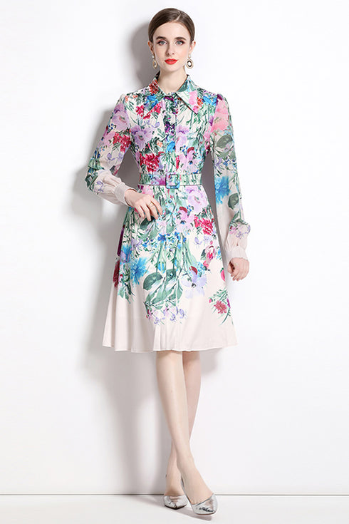 Vivid & Alluring Floral Designer Collared, Long Sleeve, Belted Slim A-Line Shirt Dress, Office, Party Dress