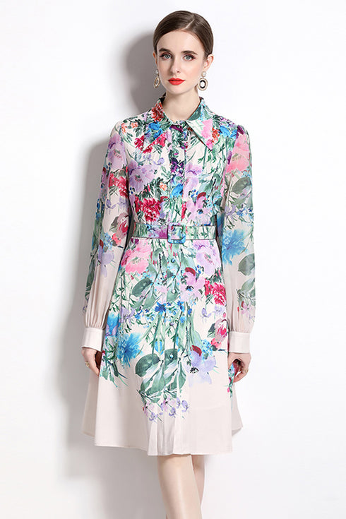 Vivid & Alluring Floral Designer Collared, Long Sleeve, Belted Slim A-Line Shirt Dress, Office, Party Dress