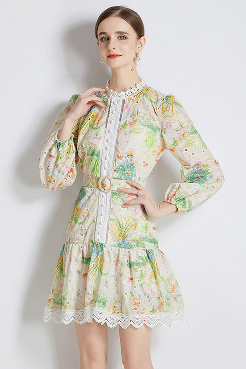 Runway Fashion Delectable Floral A-Line, Mock Neck, Full Sleeve, Lace Trim, Belted Ultra-Chic Day and Evening Wear