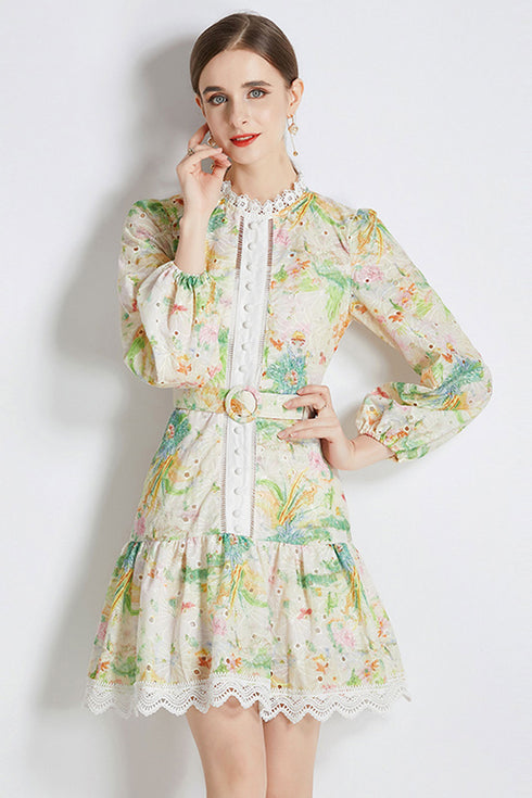 Runway Fashion Delectable Floral A-Line, Mock Neck, Full Sleeve, Lace Trim, Belted Ultra-Chic Day and Evening Wear