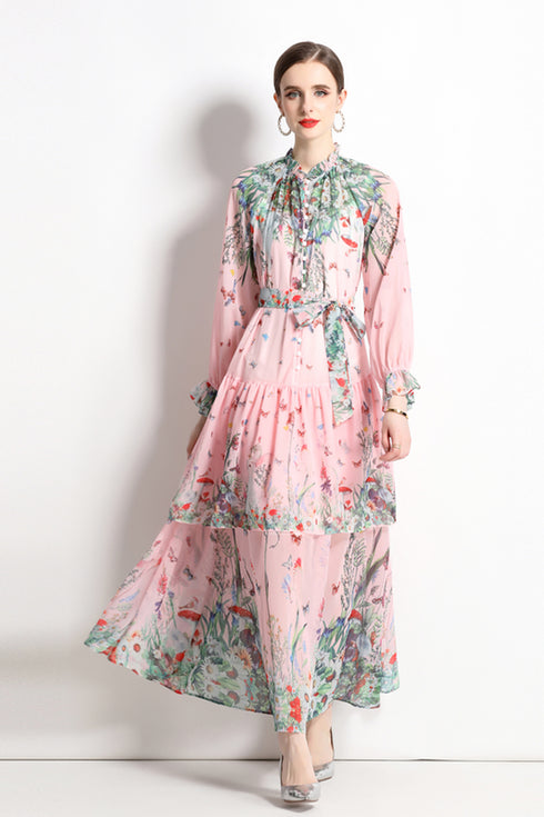 Gorgeous Floral Bow Neck, Long Sleeves, Tiered Ruffled Chiffon Party, Cocktail, Festive Vintage Maxi Dress
