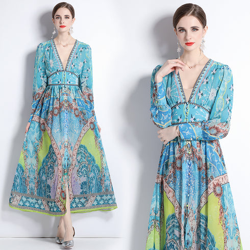 Captivating Holiday Style Fall Geometric Print V-Neck, Long Sleeve, A-Line Bohemian Women's Formal, Cocktail, Party Maxi Dress