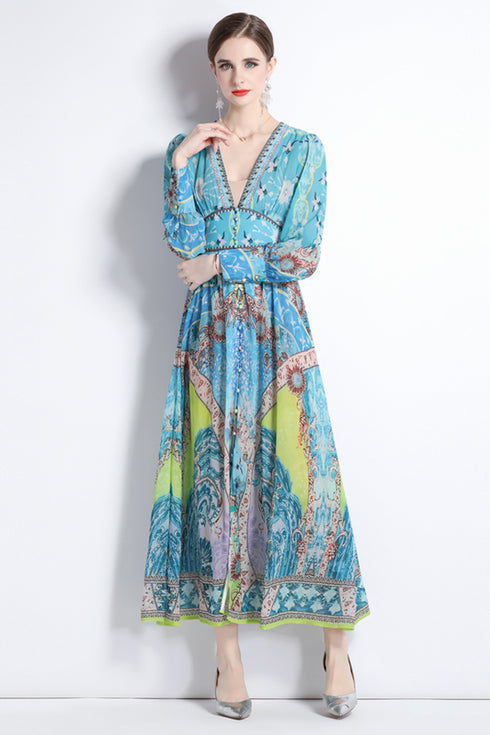 Captivating Holiday Style Fall Geometric Print V-Neck, Long Sleeve, A-Line Bohemian Women's Formal, Cocktail, Party Maxi Dress