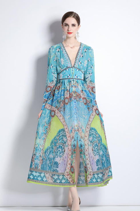 Captivating Holiday Style Fall Geometric Print V-Neck, Long Sleeve, A-Line Bohemian Women's Formal, Cocktail, Party Maxi Dress