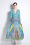 Captivating Holiday Style Fall Geometric Print V-Neck, Long Sleeve, A-Line Bohemian Women's Formal, Cocktail, Party Maxi Dress