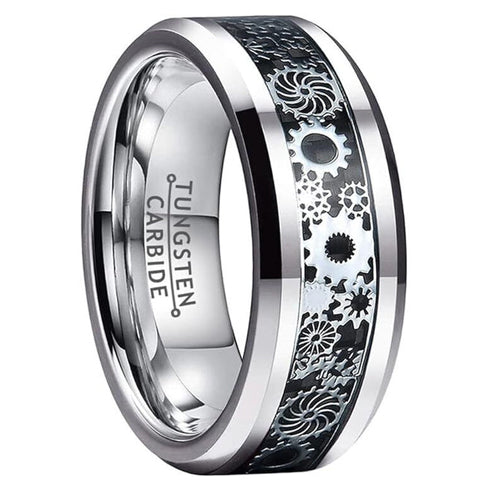 Beveled Edge Mechanical Steampunk Gear Comfort-Fit 8mm Tungsten Wedding Ring