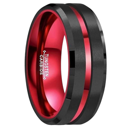 Brushed Black with Red Grooved Center Comfort Fit 8mm Tungsten Wedding Band