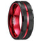 Brushed Black with Red Grooved Center Comfort Fit 8mm Tungsten Wedding Band