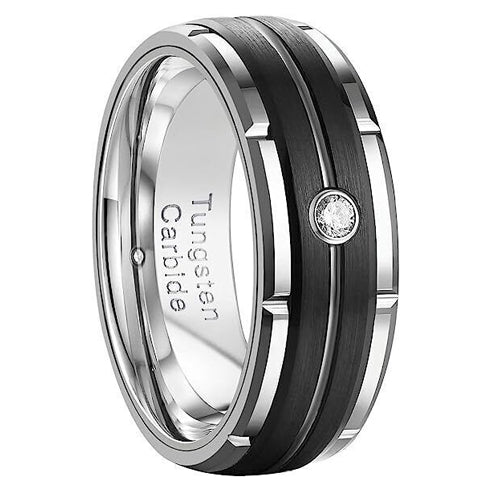 Brushed Black Silver Groove CZ Comfort-Fit 8mm Tungsten Wedding Band