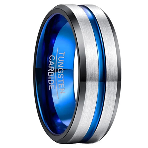 Brushed Silver with Blue Grooved Center Beveled-Edges 8mm Tungsten Wedding Band