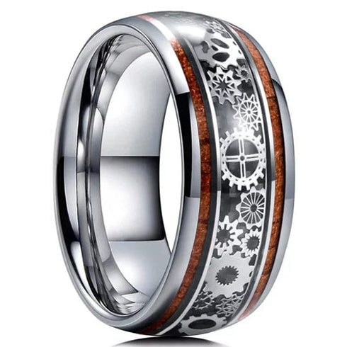 Clockwork Gears Koa Wood Inlay 10mm Tungsten Engagement Wedding Band