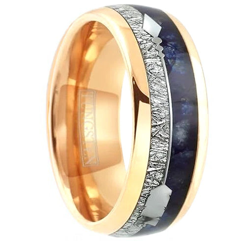Rose Gold Tungsten Blue Lapis Lazuli & Meteorite Inspired 8mm Wedding Band