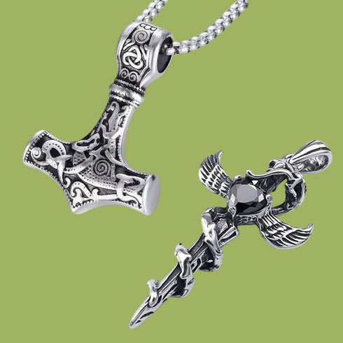 Norse Runes Viking Thor Hammer/Wolf Axe/Wing Cross Sword Amulet Pendant Necklace