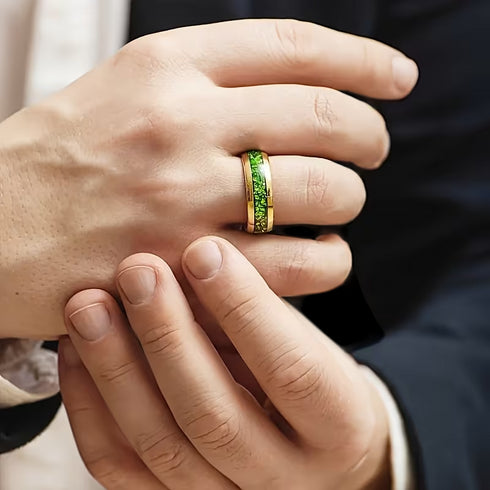 Gold Plated Green Galaxy Crystal Glow Comfort-Fit 8mm Titanium Wedding Band
