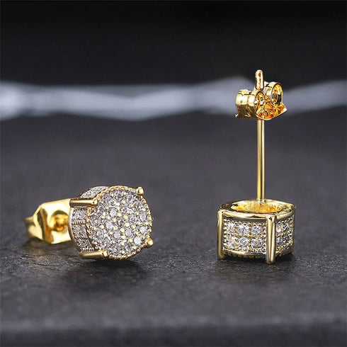 2 Pairs Gold & Silver Micro Pave 14K Gold Plated Cubic Zirconia Men & Women Stud Earrings