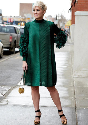 Runway Fashion Drop-Dead Gorgeous Petal Ruffled Sleeve, Mock Neck, Pleated Party, Festive Vintage Women's Dress