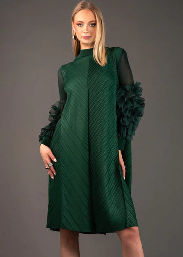 Runway Fashion Drop-Dead Gorgeous Petal Ruffled Sleeve, Mock Neck, Pleated Party, Festive Vintage Women's Dress