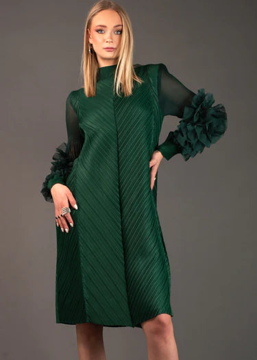 Runway Fashion Drop-Dead Gorgeous Petal Ruffled Sleeve, Mock Neck, Pleated Party, Festive Vintage Women's Dress