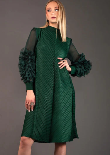 Runway Fashion Drop-Dead Gorgeous Petal Ruffled Sleeve, Mock Neck, Pleated Party, Festive Vintage Women's Dress