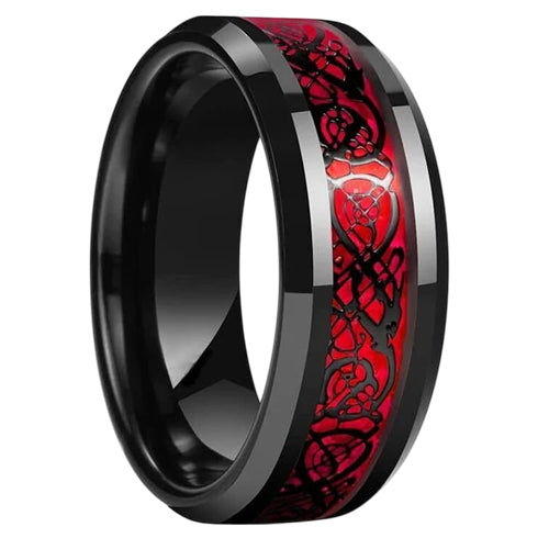 Beveled Edges Red Celtic Dragon Comfort-Fit 8mm Tungsten Wedding Band Ring