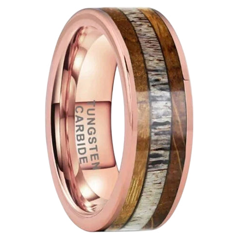 Deer Antler Whiskey Barrel Wood Inlay 8mm Tungsten Engagement Wedding Band