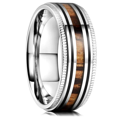 Silver Zebra Wood Inlay Sawtooth Edge 8mm Titanium Engagement Wedding Band