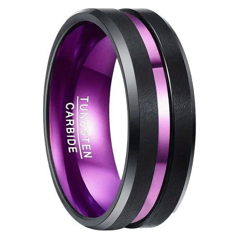 Brushed Black Purple Grooved Center Beveled Edges 8mm Tungsten Wedding Band