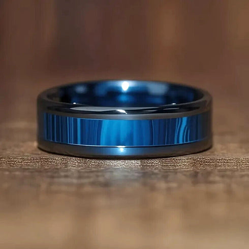 Men's 8mm Titanium Blue Textured Marble Design Comfort-Fit Polished Wedding Band