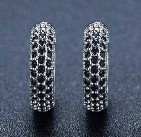 Dazzling Micro Pave 14K White Gold Plated 3 Row Black CZ Men Women Hoop Earrings