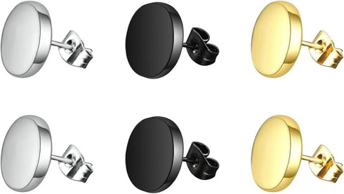 3Pairs 316L Surgical-Steel Flat Round Black Silver Gold Men Women Stud Earrings