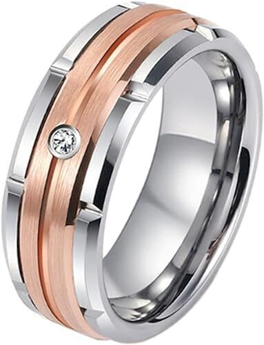 Men 8mm Titanium Steel Carving Pattern 2-Tone Silver Rose Zirconia Wedding Band