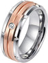 Men 8mm Titanium Steel Carving Pattern 2-Tone Silver Rose Zirconia Wedding Band