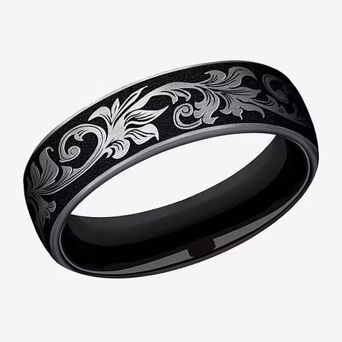 Men's 6mm Titanium Grey/Black Vintage Scrollwork Design Comfort-Fit Wedding Band