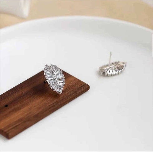 Dazzling Palm Leaf 14K White Gold Plated AAA Cubic Zirconia Women Stud Earrings