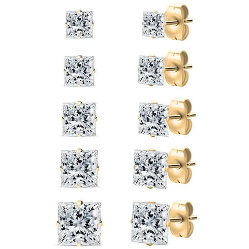 5Pair 316L Surgical Steel Gold Plated CZ 4/5/6/7/8mm Solitaire Men Women Earring