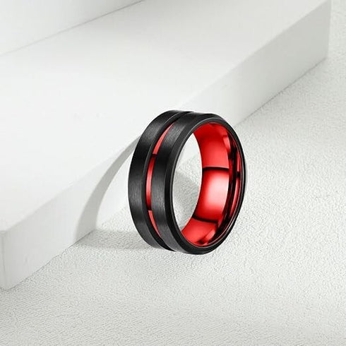 Men's 8mm Tungsten Brushed Black W/Red Grooved Center Comfort Fit Wedding Band